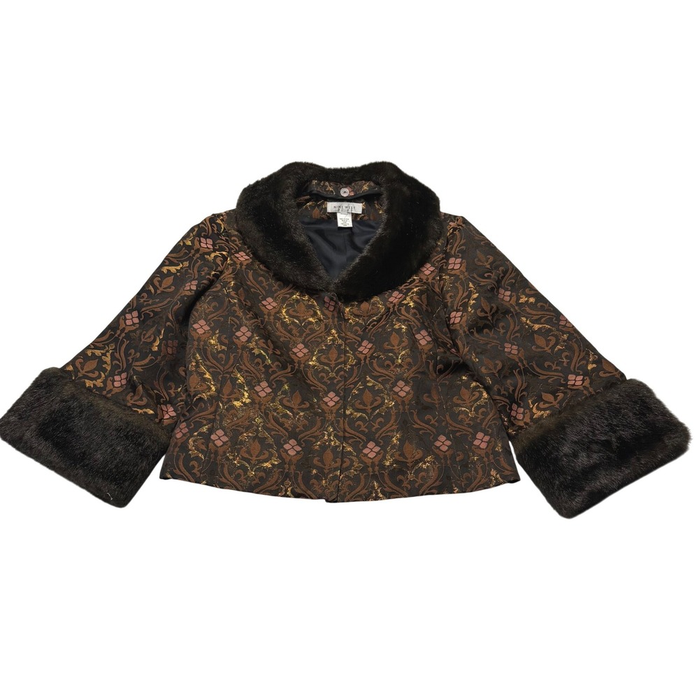 Nine West Brocade Jacket Womens M Faux Fur Trim Brown Gold Metallic Silk Blend